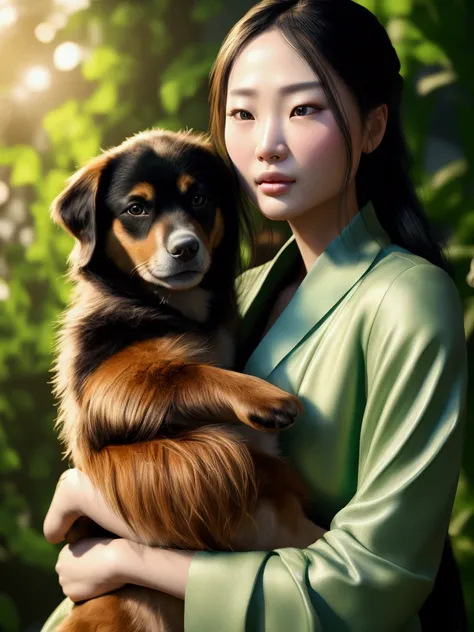 a beautiful chinese woman holding a dog in her arms, realistic, green chroma key background, detailed facial features, delicate hands, soft lighting, warm color tones, cinematic composition, intricate details, photorealistic, (best quality,8k,highres,maste...