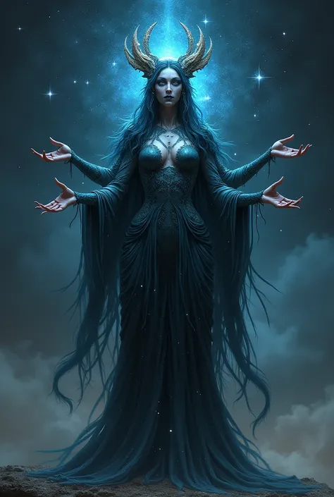 goddess with 4 eyes and 4 arms, with dark colors and full-body stars