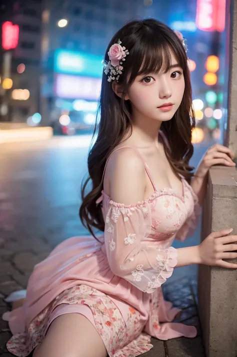 A beautiful Japanese girl is sitting on the ground、Her eyes glow a pale pink、Has a sad expression on his face。There is a delicate reflection of light in the eyes、The depth of emotion is reflected。Her face has a slightly downcast look、Give the impression of...