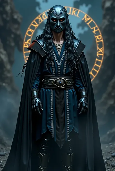 A grown American Native man with long, flowing black hair, dressed in luxurious mage attire consisting of a deep blue tunic adorned with intricate silver embroidery, paired with dark leather boots and a black cape with subtle velvet textures, his facial fe...