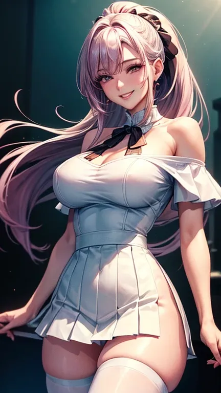 ((best quality)), ((masterpiece)), (detailed), 1girl , ((best quality)), ((masterpiece)), (masterpiece), white Off-shoulder office shirt, long magenta hair , ponytail hair , slim body, elegant mature women, bautiful detailed hair violet eyes, smile, gorgeo...