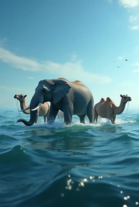 An elephant in the sea with many camels 