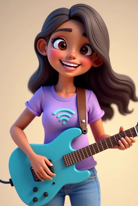 A full-body stylized 3D image of a teenage student woman with big eyes dark skin color hexagonal face rosy cheeks Latin-shaped face with long, waist-length brown hair, wearing a lavender shirt with the name attached and holding a blue guitar. happy form wi...