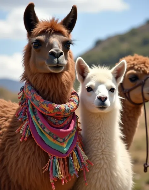 araffe with a colorful scarf on her neck and a white dog, wearing inka clothes, llama all the way, 🤠 using a 🖥, llama with dreadlocks, inca style, 📷 mungojerrie and rumpleteazer, alpaca, by Olivia Peguero, standing next to a camel, peruvian looking, by Emm...