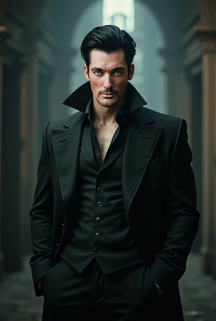 ((Inspire-se em David Gandy)) a handsome, with masculine features, in a vampire setting, light black eyes and black hair. slightly pale skin. She is facing, stopped, with a vampire suit, a serious look.  ultra resolution, high details, Better image quality...