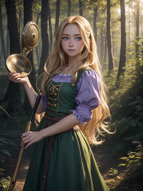 Rapunzel from tangled as human, straight face,close up 1girl, Solo, High Resolution, Long Hair, POV, Perspective, High Resolution, Detail, Award Winning, HD, Quality, joyful Super Detailed, freckles, 1 , wearing dirndl , short sleeves purple and light purp...