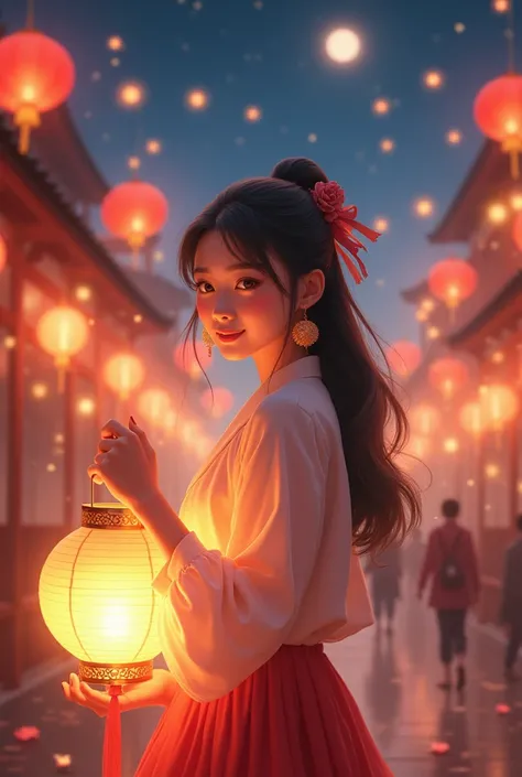 A beautiful young girl wanders through the festive night of the Mid-Autumn Festival, holding a glowing lantern in her hand. The lantern’s soft light illuminates her smiling face, casting a warm and enchanting glow around her. As she strolls beneath a sky s...