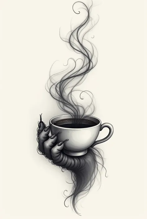 A tattoo of a coffee cup and a cat&#39;s paw in the shape of smoke 