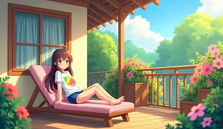 A warm and cozy cartoon illustration of a small home, a long-haired girl wearing a colorful T-shirt and shorts, lying on a lounge chair on a balcony filled with flowers near a window during the day, in a wide shot, ultra-clear resolution. Sweet style, In t...