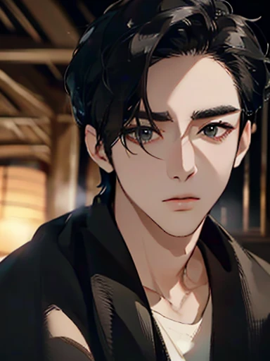 a man, close-up portrait, asian man, pale skin, dark black eyes, half-closed eyes, small eyes, elegant, black hair slicked back, black hoodie, (best quality,4k,8k,highres,masterpiece:1.2),ultra-detailed,(realistic,photorealistic,photo-realistic:1.37),cinem...