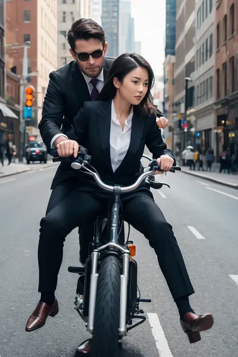 A woman in a suit is riding backwards on a man