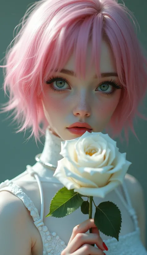 Velma&#39;s beautiful face , a cyborg,  distant eyes , holding a white rose , short pink hair with colored highlights , very beautiful , of Caucasian ethnicity