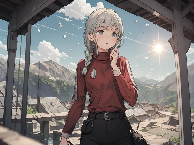 one woman, 14 talents, cozy turtleneck sweater, upper body angle, very cute, perfect good looks, braid, ash gray hair, glare of ...