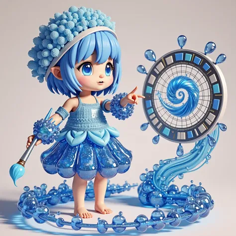 cute，A semi-mechanical biochemical blue sea elf，Wearing clothes made from seawater，Wearing a digitally machined blue sea water wreath on her head，Barefoot，Holding a mechanical paintbrush in the left hand，Right hand pointing forward，On the right hand, there...