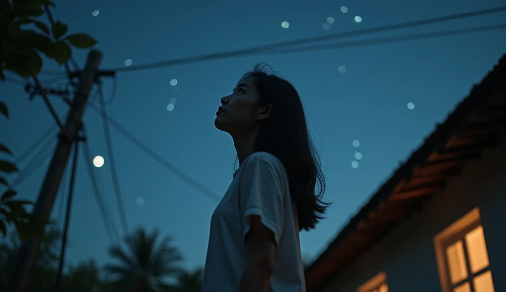 Low-angle shot Dian Sastro (20 year old woman) who looks up at the sky from the terrace of a simple house, atmosphere at night, star and moon light. her facial expression shows longing. masterpiece, realistic, Ultra HD, ultra high resolution, 8K, <xml><inp...