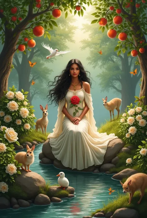 Its a large garden with trees filled with apples and oranges and white rose bushes all over. A stream of water was flowing on a side. A beautiful dark hair indian lady gracefully sitting on a rock in the middle of the garden wearing a decent glowing white ...