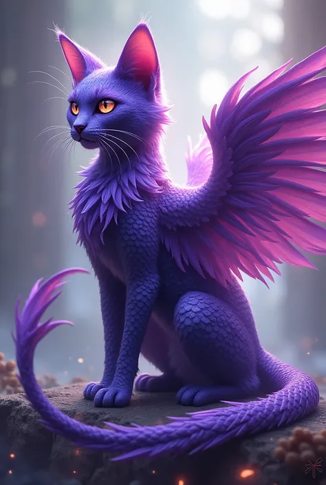 A purple cat with a fish tail, scales, and phoenix wings, looking fierce.