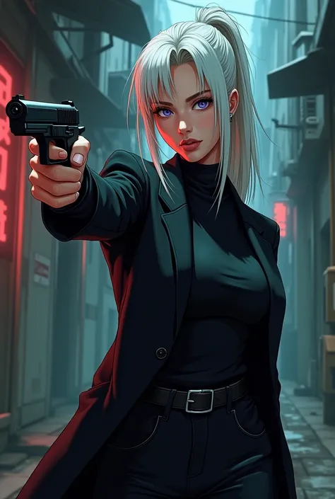 Thirty year old girl, white haired, Violet eyes, hair tied in a ponytail, waist length hair, You wore black, mobster look, he is pointing a pesky gun.

1990 anime animation