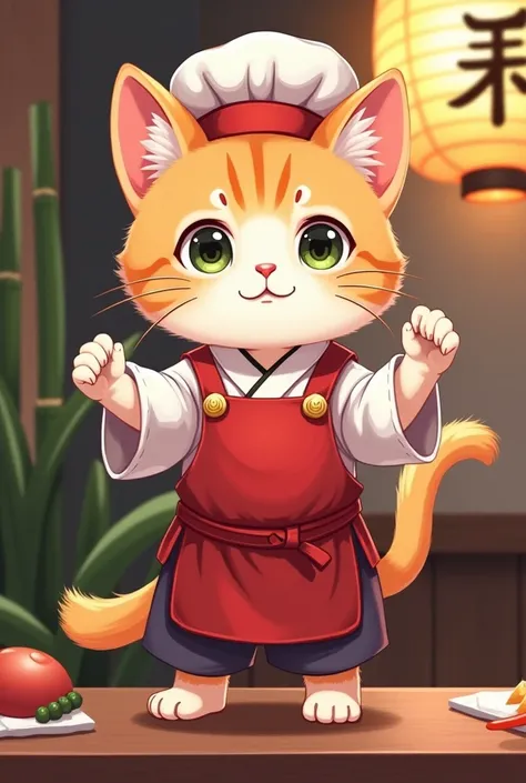 kitten　Wearing a sushi restaurant uniform　Bipedal