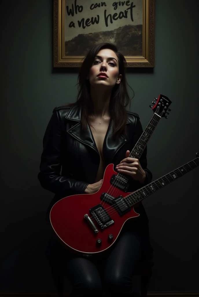 A woman in a dark room with a leather jacket and sitting holding a red guitar right above the photo with the words Who can Give a new heart written on it