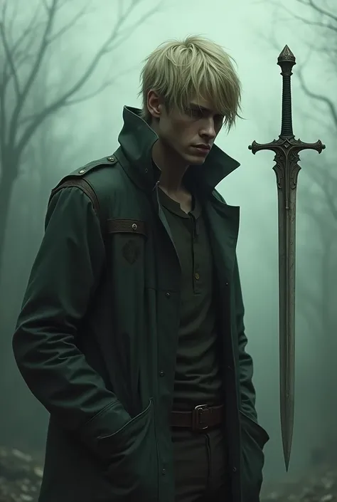 a guy with short blonde hair with droopy eyes wearing a jacket covering his chin and with a floating sword 