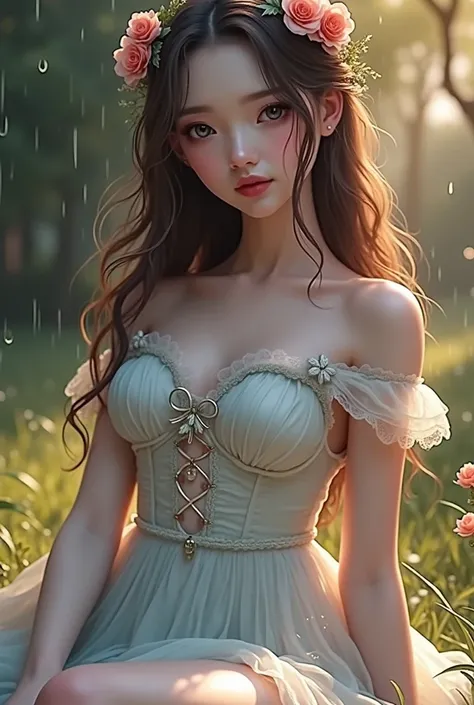 a beautiful delicate young girl,lolita fashion dress,laying in the rain wet grass,sensual body,intricate detailed face,large bright eyes,long eyelashes,rosy lips,pale skin,flower crown,cinematic lighting,dramatic moody atmosphere,cinematic composition,phot...