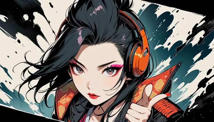 (((Ink Painting))), (((from above))), (((1 female))), (((Japanese pattern leather jacket))), (((Mohawk))), (((Very flashy makeup))), (((Finger guns))), Japanese style headphones, face close-up, front view, Japan人の美少女, Black Hair, Delicate and precise, Mode...