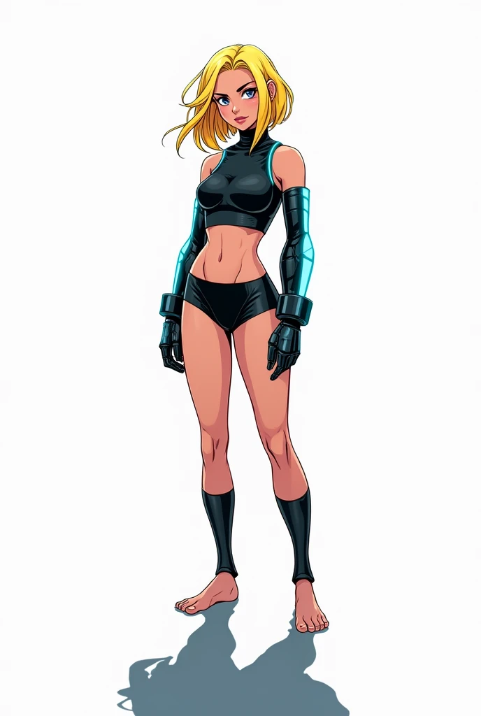 Teenage female character, serious face, long wavy bob blonde hair with one side shaved, cyberpunk appearance, cyberpunk lines across the body as if it were a humanoid android, exposed shoulders, tight black top, exposed navel, tight black short shorts, bar...