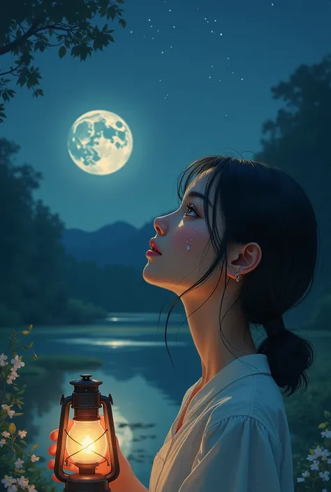 Suddenly, her expression shifts as she gazes up at the moon and spots the legendary moon rabbit. Overwhelmed with emotion, tears stream down her face, reflecting both the wonder of the mythical creature and the deep sense of connection to the ancient tale....