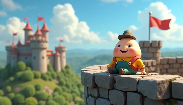 “A 3D animated scene in the style of Pixar, featuring Humpty Dumpty sitting on a high stone wall of a medieval castle. Humpty Dumpty has a round, egg-shaped body with a cheerful face, wearing a little hat and a colorful vest. The scene shows the lush green...