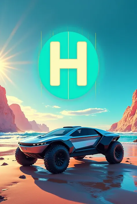 As a logo with the letter H with the phrase the future of sustainable mobility with a bright colored background with a futuristic all-terrain vehicle on the beach 