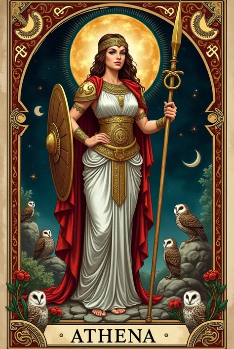 I want an Athena card inspired by old tarot cards and with lots of decoration 