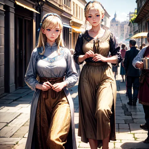 , Masterpiece photo-realistic, Intricate details, RAW photos, Extremely detailed, old fashioned Young woman, Wearing peasant clothing, No neckline, blond, Perfect details and blue eyes, Walking in an ancient city, High-definition quality, 8K, Young woman, ...