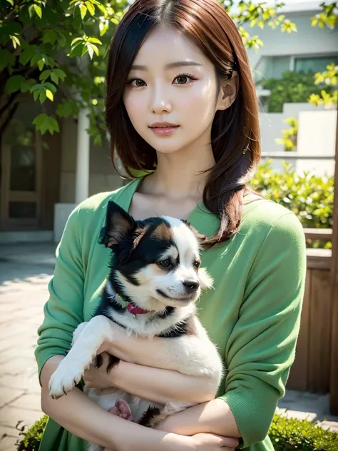 a beautiful chinese woman holding a dog in her arms, realistic, green chroma key background, detailed facial features, delicate hands, soft lighting, warm color tones, cinematic composition, intricate details, photorealistic, (best quality,8k,highres,maste...