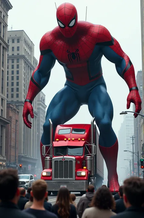 Giant Spider-Man lying on top of a truck with several people looking on 