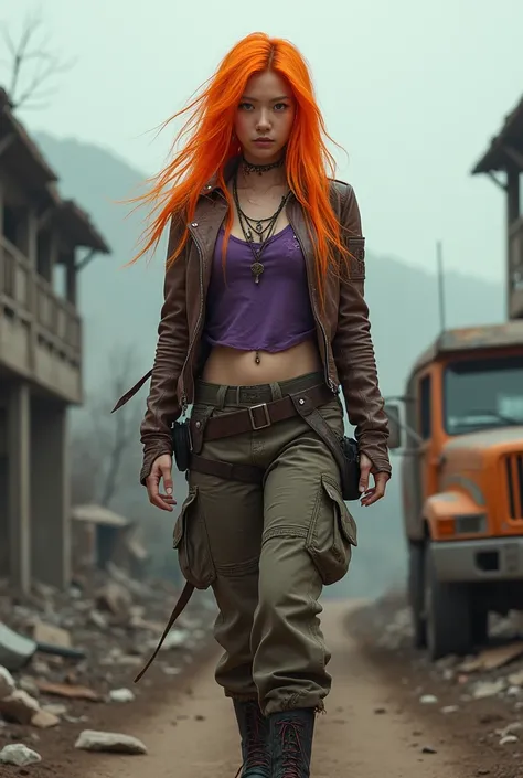 This image captures the essence of a post-apocalyptic heroine. The Korean woman at the center of the image exudes a powerful and determined presence. Her long, neon orange, tousled hair blows in the wind, symbolizing freedom and ferocity. Her attire is a m...