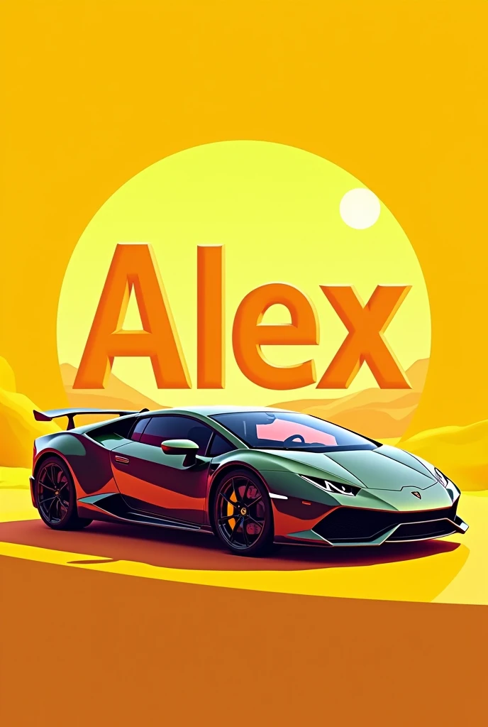 Write the name Alex on a yellow background and a Lamborghini