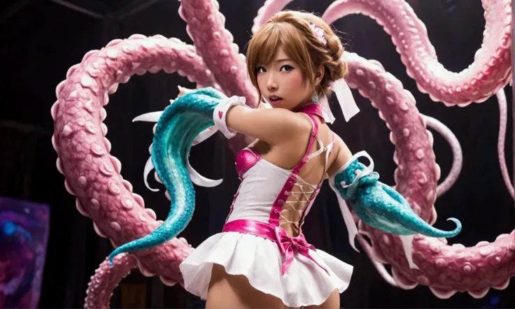 a cute Yuna, 2, wearing a sexy magical girl costume, amazing butt, striking magical action poses with lots of special effects, confronting an evil tentacle demon, camera angle is low, focus on Yunas butt, detailed facial features, intricate costume design,...