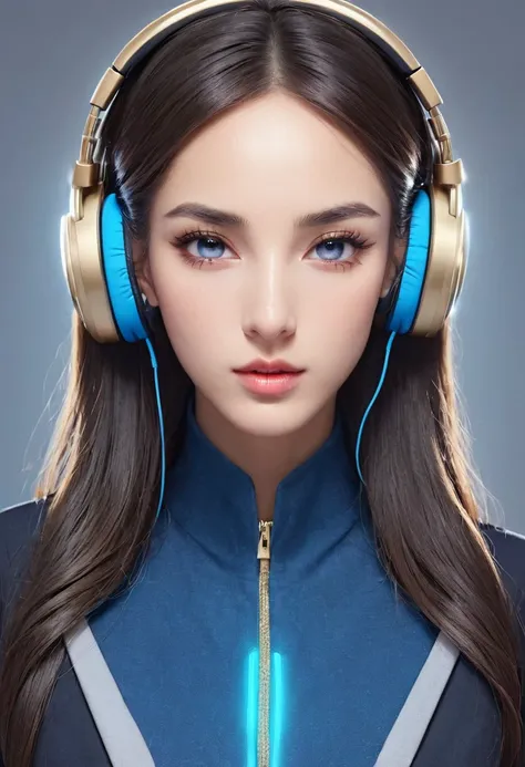 girl with blue hijab, blue eyes, blue suits futuristic vibes, headphones, 8k, high quality, simple background, glowing eyes, nic...