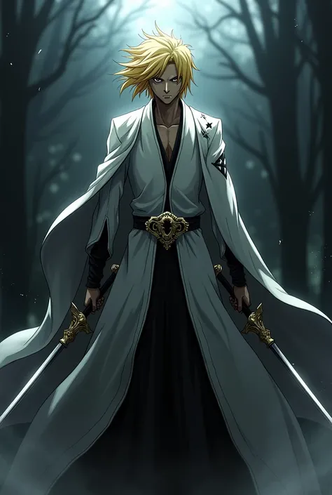 Bleach anime arrancar hollow with medium blondie hair shaved with two zanpaktous and dark aura
