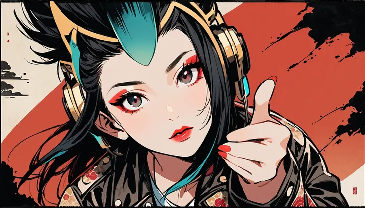 (((Ink Painting))), (((from above))), (((1 female))), (((Japanese pattern leather jacket))), (((Mohawk))), (((Very flashy makeup))), (((Finger guns))), Japanese style headphones, face close-up, front view, Japan人の美少女, Black Hair, Delicate and precise, Mode...