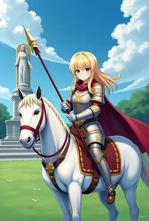 An image inspired by Saint George the Warrior of Cappadocia, which is an anime version, being a young girl, blonde, with a determined face, holding his spear with both hands on his white horse, her armor is very feminine.

In the background there should be...