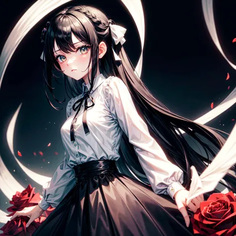 ((masterpiece)),Best aesthetics,1 Girl, Solitary, Long hair, Black dress, flower, Ribbon Black Background, Black Hair, Rose, hair ribbon green eyes, Long sleeve, white Rose, Shut up, Black Ribbon Top, Movie Lighting