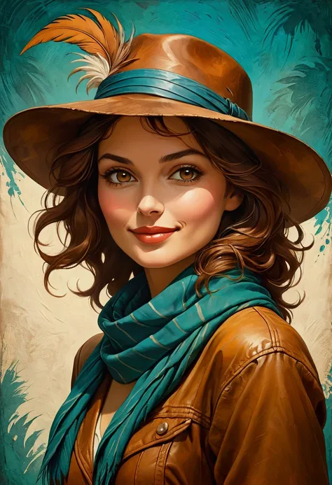 a breathtakingly vivid and cinematic photograph of a richly textured oil painting illustration featuring a hauntingly mesmerizing female figure, knowing, slightly mischievous grin, intense gaze, deliberate smile, sensual glow, gazing intensely and directly...