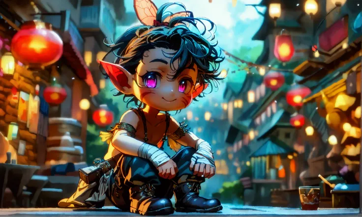 A fairy-like little man, unkempt appearance due to his alcohol addiction, ponytailed hair, intelligent eyes, bandaged hands, shirtless, short tunic, sari pants and boots, carrying a small leather bag attached to his belt, happy drunk expression, bar backgr...