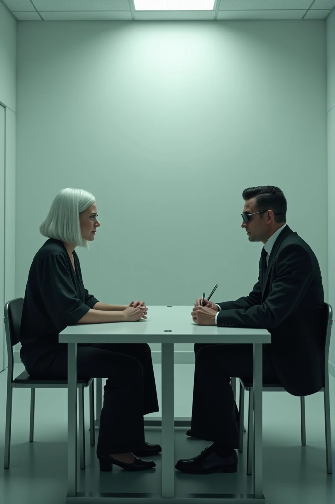 The image shows an interrogation room in a hospital, with white walls and cold lighting. in the center, There is a rectangular table with two chairs. Beth (has white hair, medium and smooth, She is 1 and very pretty) She is sitting in front of the bailiff....