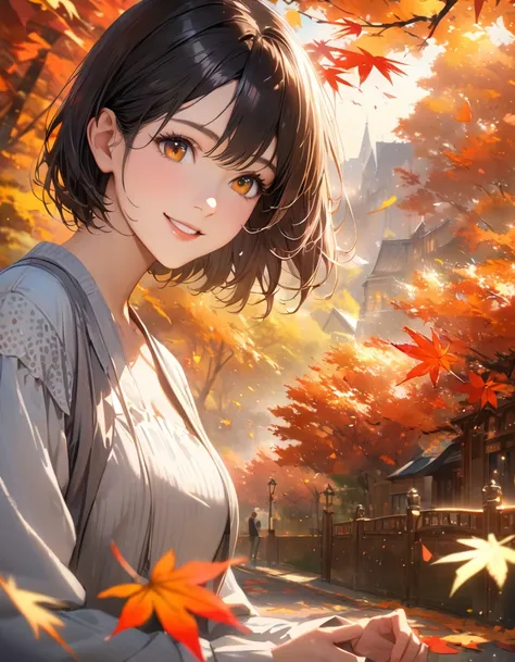 A road with beautiful autumn leaves, Sunny sky with fluffy white clouds, Red maple leaves are falling, Blur the background,A pleasant autumn breeze,Two young women and a man,Black short hair,smile,Glitter Effect,Best Quality, 4K, 8k, High resolution, maste...