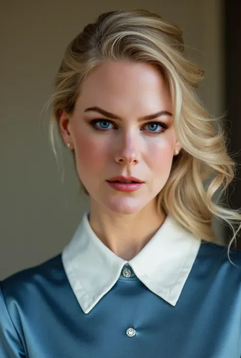 ((Inspire-se em Nicole Kidman)) a beautiful and graceful woman, with feminine features, green eyes and blonde hair with princess hairstyle. She is facing, stop, with a blue dress of nobility with a white collar. ultra resolution, high details, Better image...