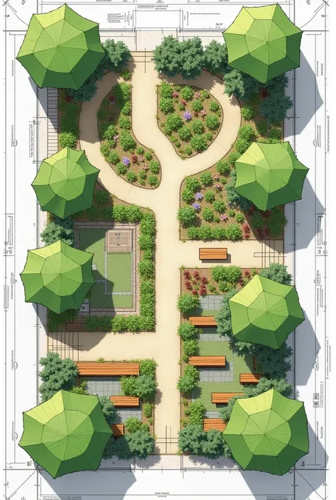 draw me a blueprint of a community garden with 5 different polygons