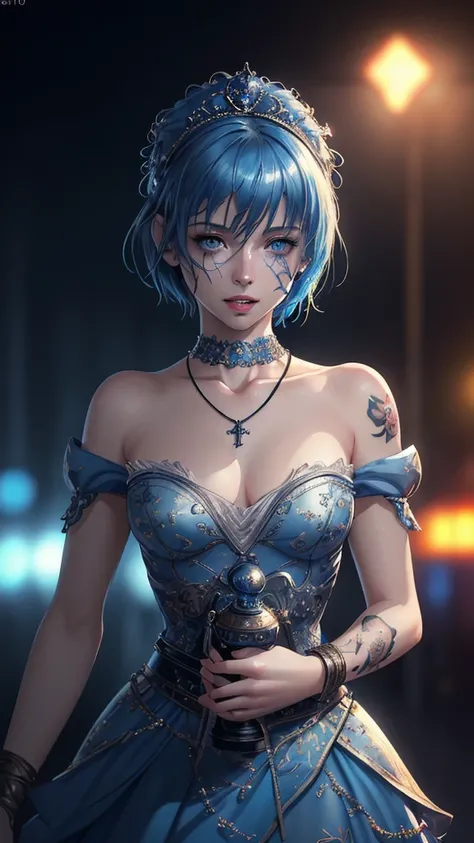 masterpiece, 最high quality, high quality, Very detailed CG uniform 8k wallpaper, One girl, Alone, Blue Hair, tattoo, Short Hair, Have, jewelry, smile, necklace, Looking at the audience, Have, Realistic, Mouth opening teeth, Upper Body, Best, nose, Exposing...